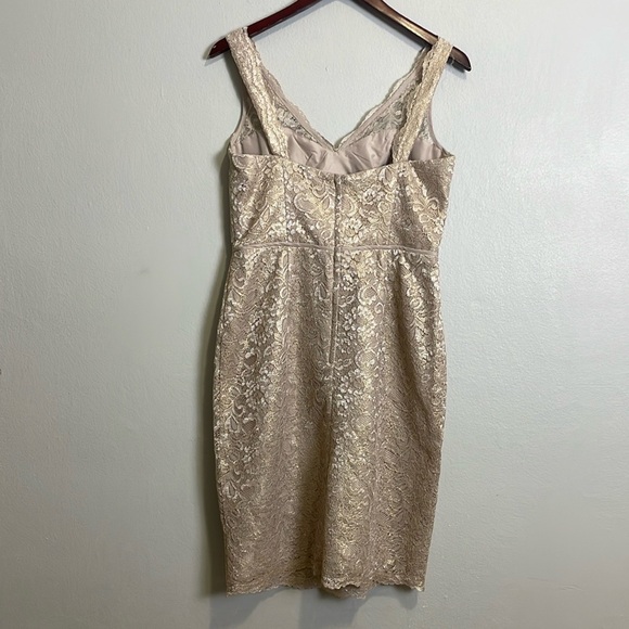 David's Bridal Short Tank Lace Dress Sz 8 Gold Cream V-Neckline Pleated Wedding - Picture 2 of 16
